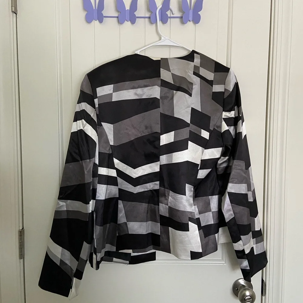 Vintage Kasper women’s geometric block pattern black gray white blazer jacket 10